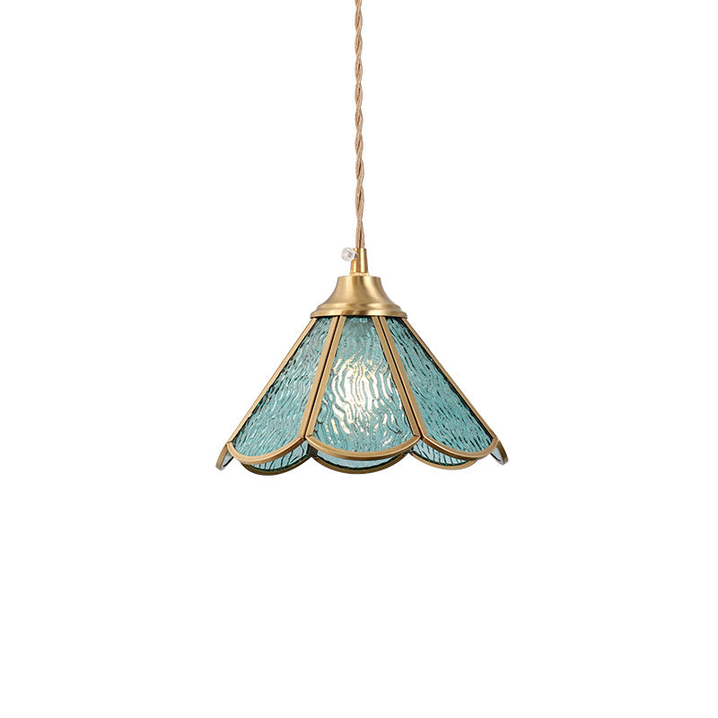 Traditional Vintage Petal Cone Glass Copper 1-Light Pendant Light for Living Room
