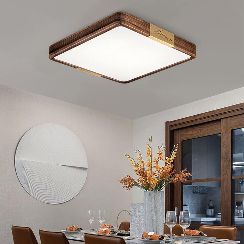 Modern Chinese Walnut Solid Wood Round Square Geometry LED Flush Mount Ceiling Light