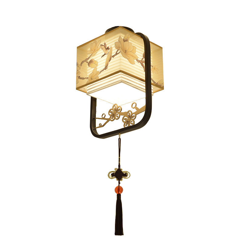 Modern Chinese Fabric Square Magnolia 1-Light Semi-Flush Mount Ceiling Light