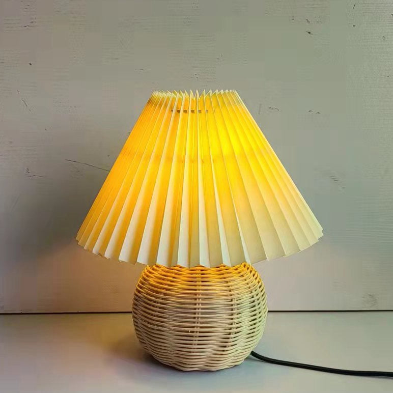 Traditional Vintage Round Pleated Bamboo Fabric 1-Light Table Lamp For Bedroom