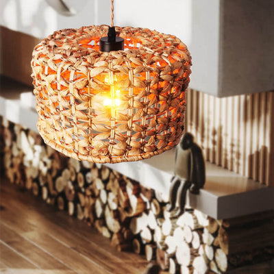 Modern Chinese Rattan Straw Rope Woven Drum 1-Light Pendant