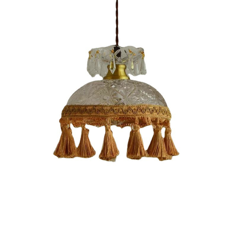 Lámpara colgante tradicional francesa de 1 luz con pantalla abombada de cobre, vidrio y borla para salón 