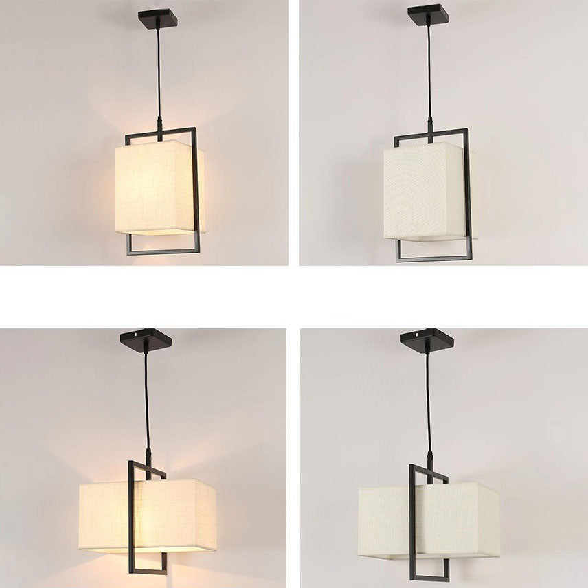 Traditional Chinese Square Fabric Iron Frame 1-Light Pendant Light for Living Room