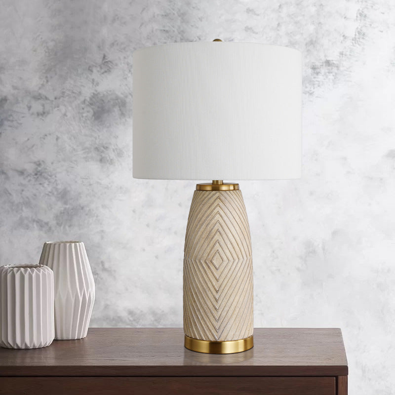 Modern Luxury Fabric Drum Resin Hardware Column 1-Light Table Lamp for Bedroom