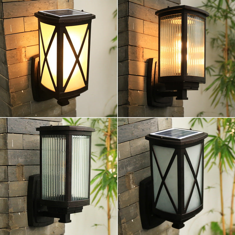 Solar Chinese Outdoor Square Column Cage 1-Light Wall Sconce Lamp