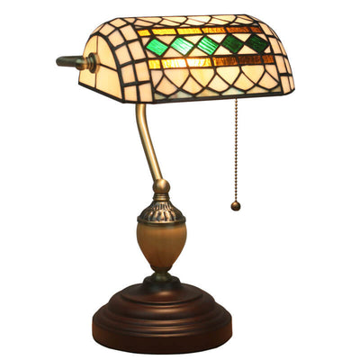 Vintage Tiffany Diamond Line Stained Glass 1-Light Bank Table Lamp