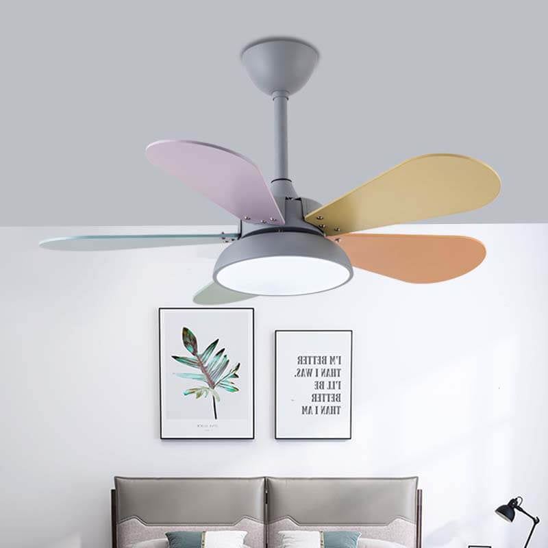 Simple Colorful Round Fan Leaf Kids Downrods Ceiling Fan Light