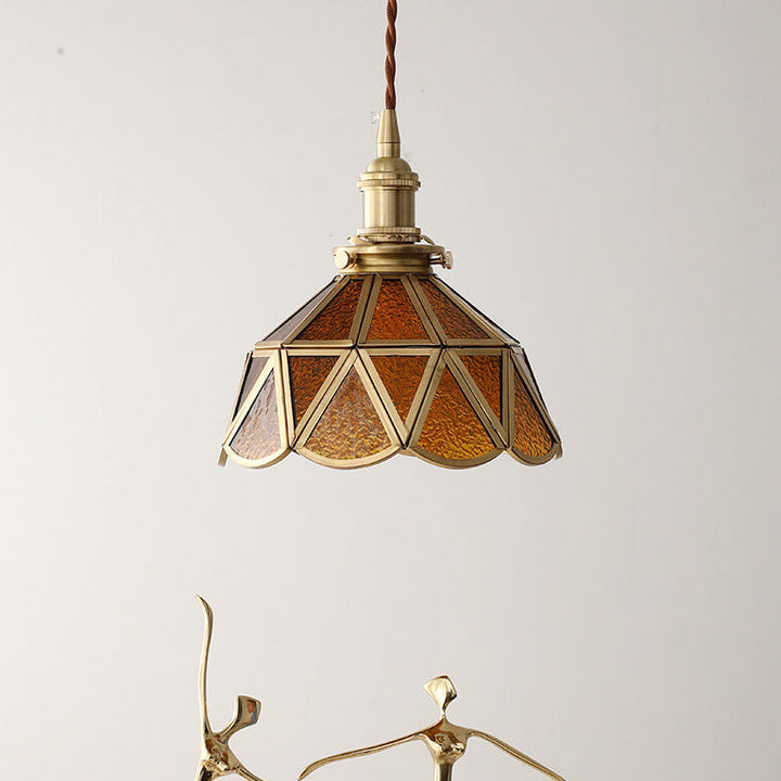 Contemporary Nordic Water Pattern Glass Copper Geometric Cone Brass 1-Light Pendant Light For Living Room