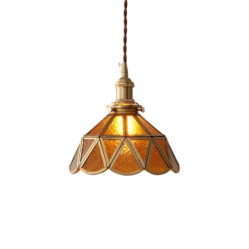 Contemporary Nordic Water Pattern Glass Copper Geometric Cone Brass 1-Light Pendant Light For Living Room