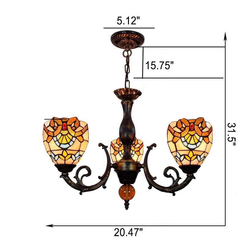 European Style Tiffany Baroque Bell Stained Glass 3-Light Chandelier