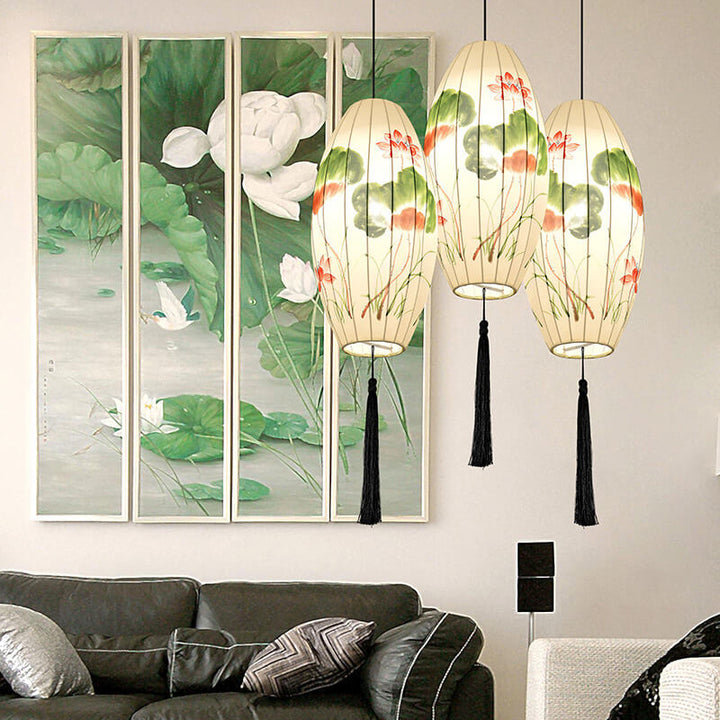 Lanterne ovale antique orientale faite à la main en tissu 1 lumière suspendue 