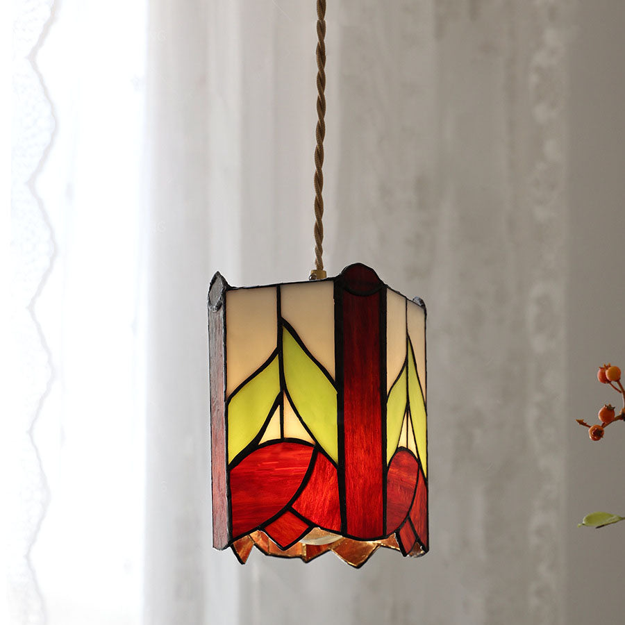 Traditionelle Tiffany Trapez Rechteck Rose Messing Buntglas 1-Licht Pendelleuchte für Wohnzimmer 