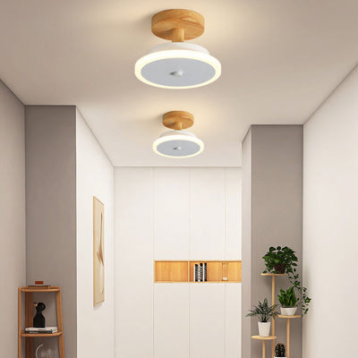 Nordic Flat Round Wood Base LED Semi-Flush Mount Ceiling Light