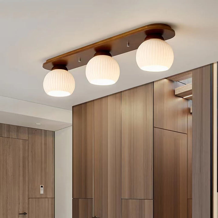 Traditional Japanese Striped Glass Wood Long Plate 2/3 Light Flush Mount Ceiling Light