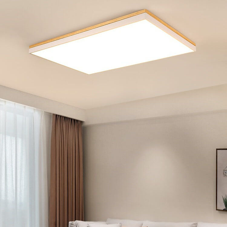 Moderne minimalistische LED-Deckenleuchte zur flachen Montage aus massivem Holz und Acryl in quadratischer Rechteckform für das Wohnzimmer 