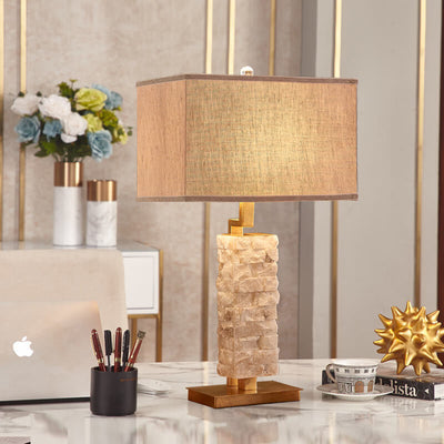 European Luxury Square Fabric Marble Column 1-Light Table Lamp