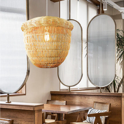 Japanese Rattan Weaving Globe Basket 1-Light Pendant Light