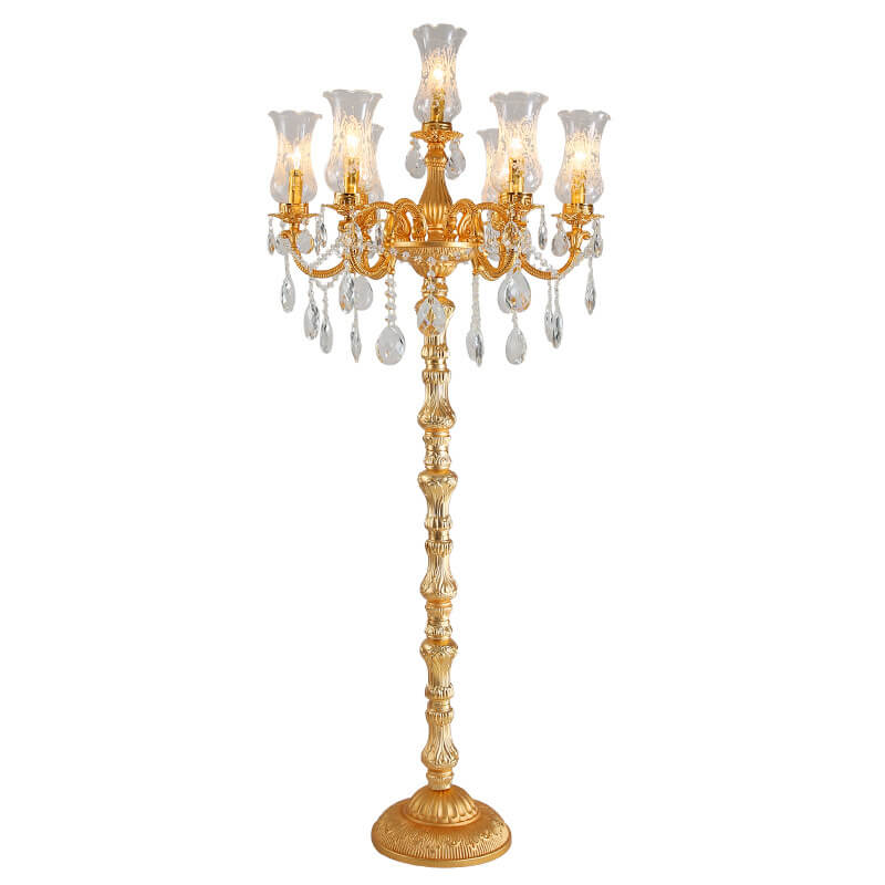 European Luxury Golden Crystal Zinc Alloy Candle Holder 7-Light Standing Floor Lamp