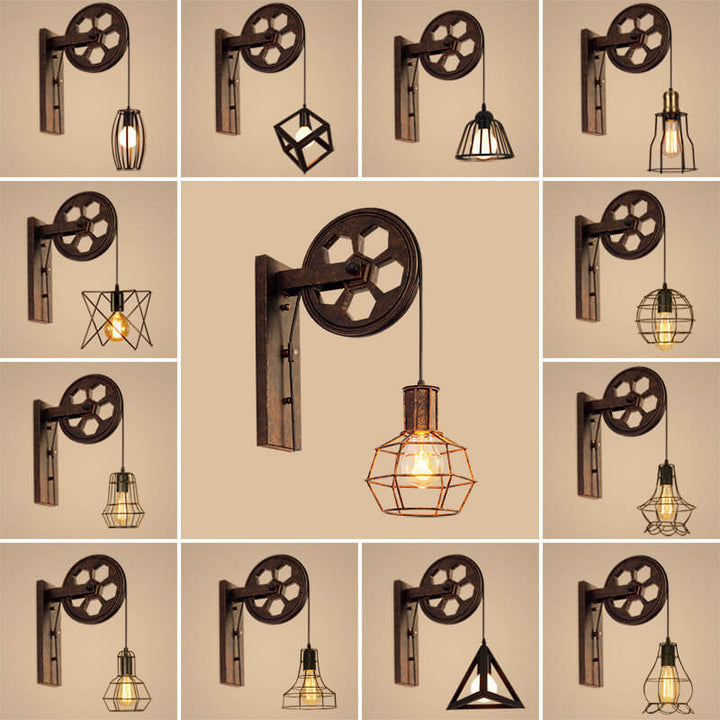 Traditional Vintage Pulley Iron Wood 1-Light Wall Sconce Lamp