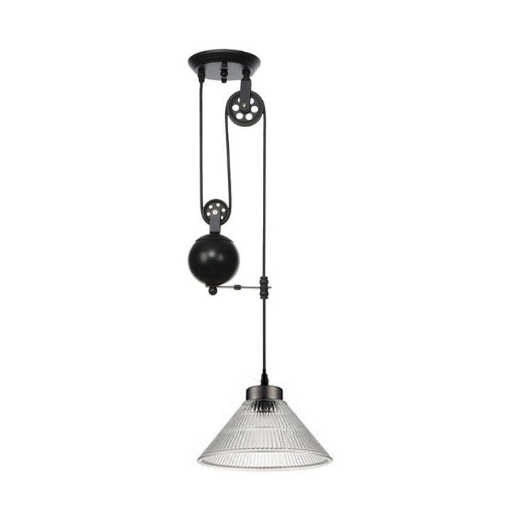 Contemporary Transitional Iron Pulley Liftable Pleated Glass Shade 1-Light Pendant Light For Dining Room