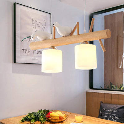 Contemporary Scandinavian Bird Cylinder Tree Branch Log Glass 2/3 Light Island Light Chandelier For Dining Room