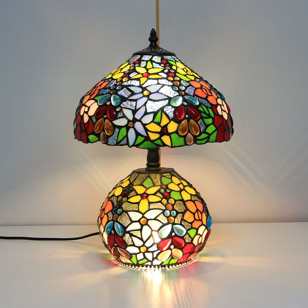Traditional Tiffany Copper Glass Resin Floral Beads Round Base 2-Light Table Lamp For Bedroom