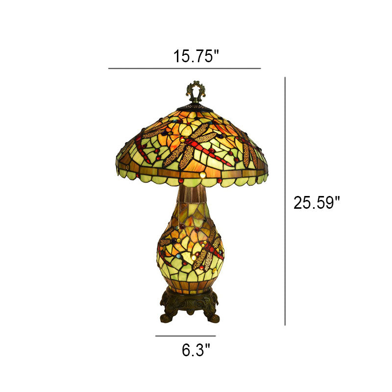 Lampe de table à 3 lumières avec base ovale et libellule verte Tiffany européenne 