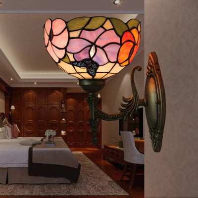 European Tiffany Floral Butterfly Bowl 1-Light Wall Sconce Lamp