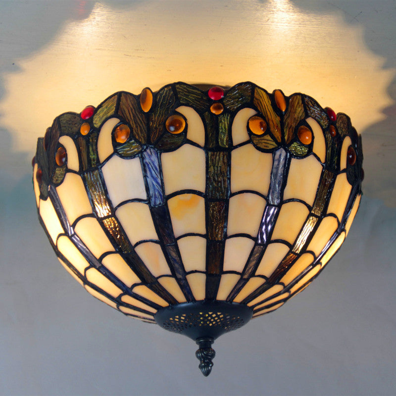 Europäische Vintage Tiffany Eisenglas 2-Licht Unterputzleuchte 