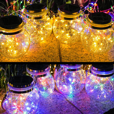 Solar Crackle Round Glass Jar LED Outdoor Garden Decorative Light