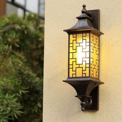 Outdoor Chinese Square Lantern Cage Waterproof 1-Light Wall Sconce Lamp