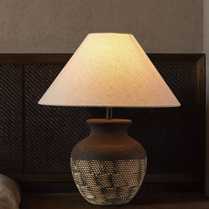 Traditionelle japanische Stoffschirm-Keramikgefäßbasis 1-Licht-Tischlampe für das Studium 