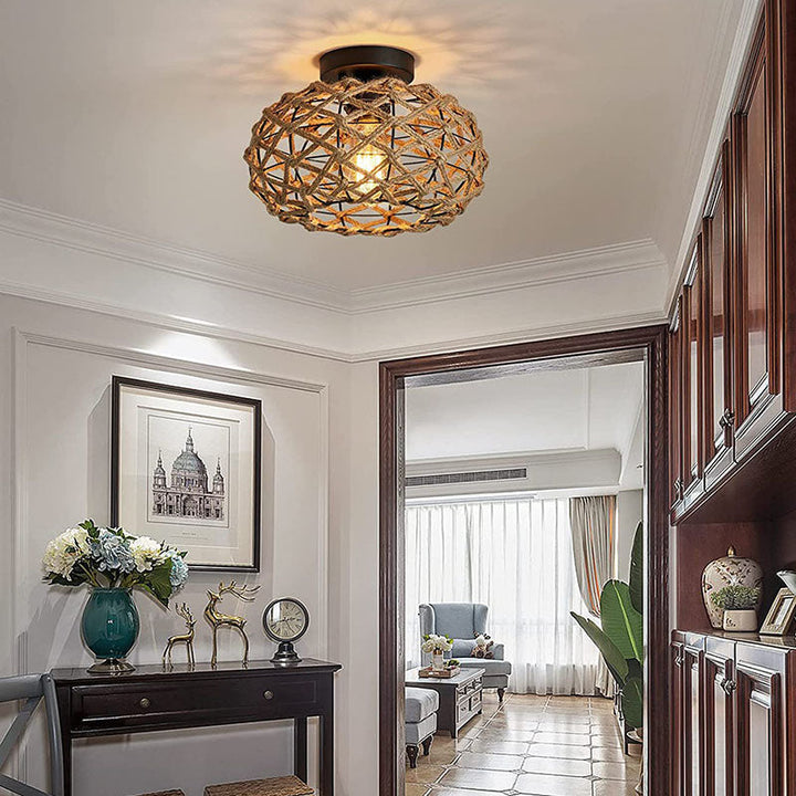 Traditionelle rustikale Hanfseil-Weberei Eisenkäfig 1-Licht Semi-Flush Mount Deckenleuchte für Schlafzimmer 