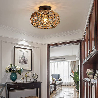 Traditionelle rustikale Hanfseil-Weberei Eisenkäfig 1-Licht Semi-Flush Mount Deckenleuchte für Schlafzimmer 