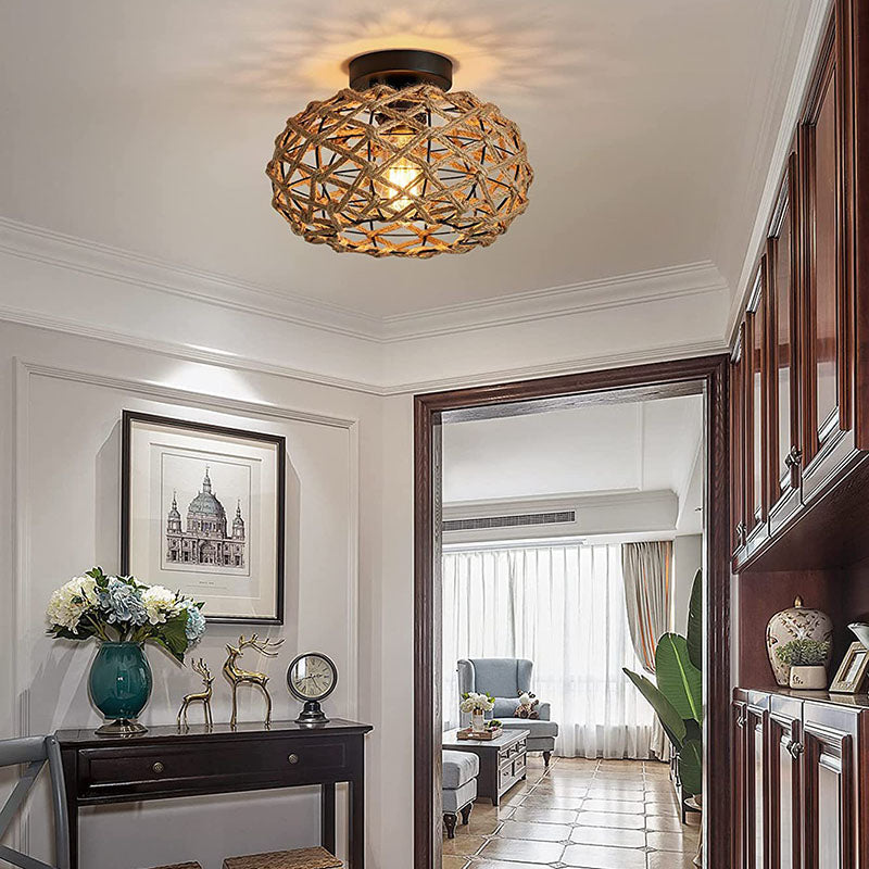 Traditionelle rustikale Hanfseil-Weberei Eisenkäfig 1-Licht Semi-Flush Mount Deckenleuchte für Schlafzimmer 
