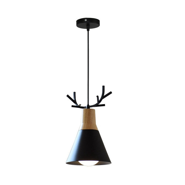 Modern Minimalist Antler Wood Iron Cone 1-Light Pendant Light For Living Room
