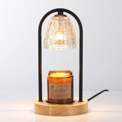 Lampe de table à cire fondue à 2 lumières avec abat-jour en verre de luxe moderne et base en bois 