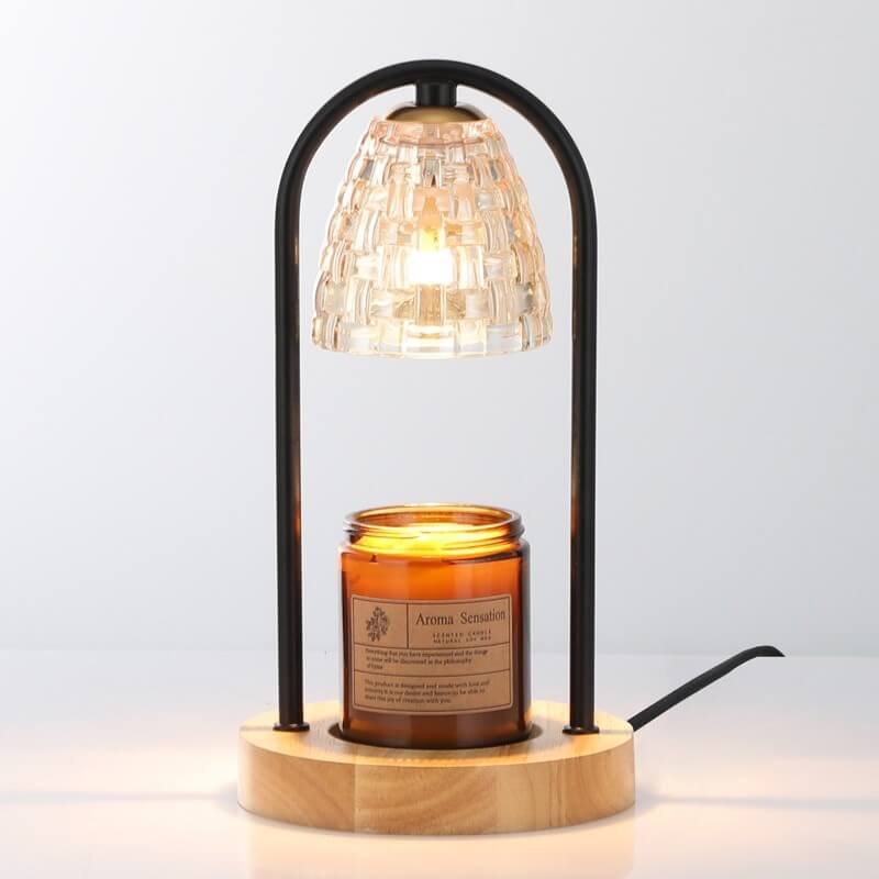 Lampe de table à cire fondue à 2 lumières avec abat-jour en verre de luxe moderne et base en bois 