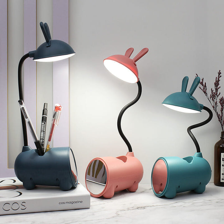 Lampe de bureau LED tactile USB avec porte-stylo et lapin créatif de dessin animé 