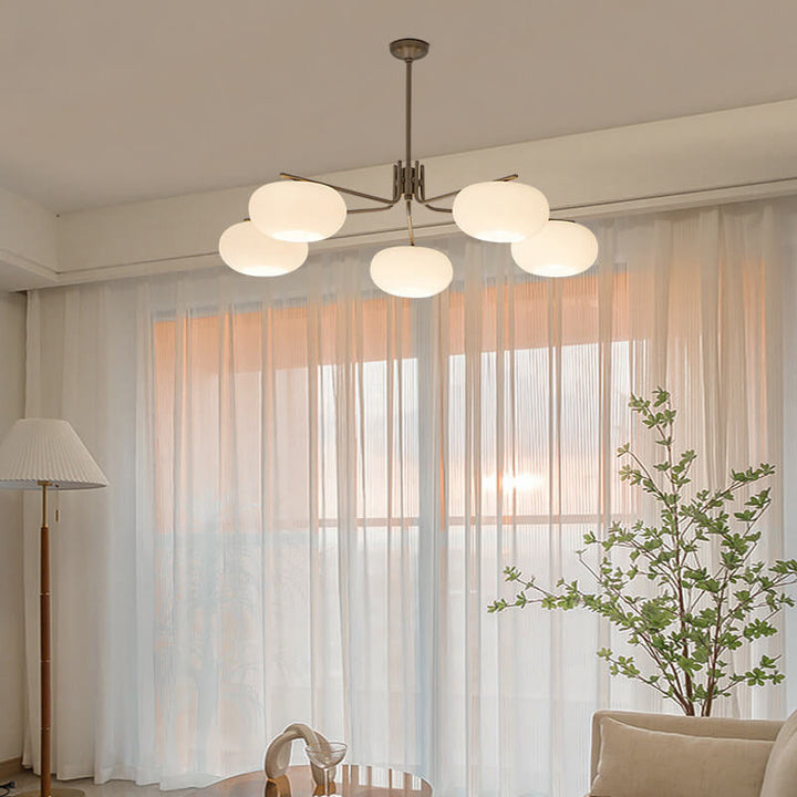 Französischer minimalistischer weißer Kuppelglas-Lampenschirm 5-Licht-Kronleuchter 