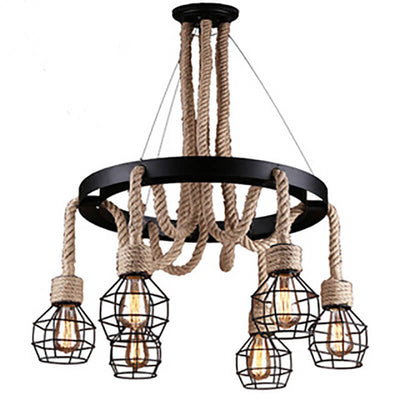 Industrial Vintage Twine Wrought Iron Lampshade 6-Light Chandelier