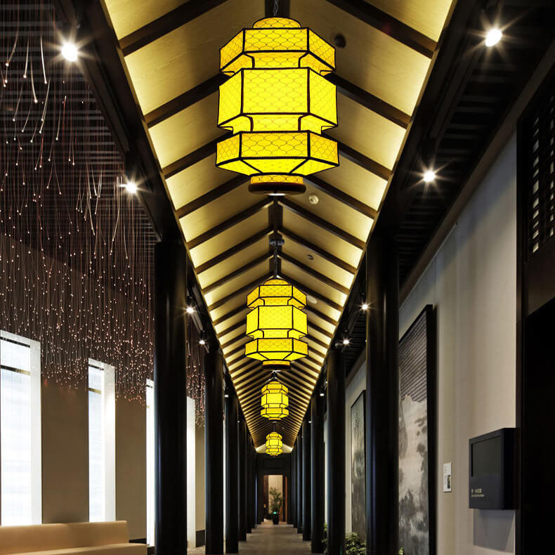 Chinesische Retro Hexagonale Faux Schaffell Eisen 1-Licht Pendelleuchte 