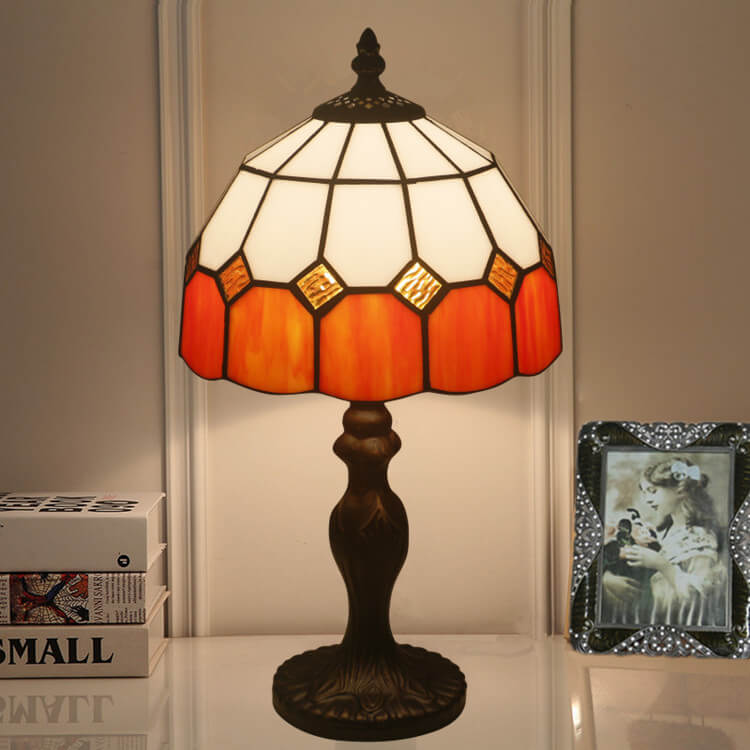 Vintage Tiffany Gemstone Stained Glass Round 1-Light Table Lamp