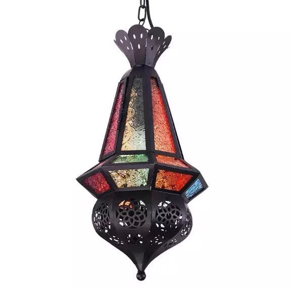 Traditionelle Vintage-Pendelleuchte im marokkanischen Stil mit Skelett-Design, Buntglas und Eisenkäfig, 1-flammig, für das Wohnzimmer 