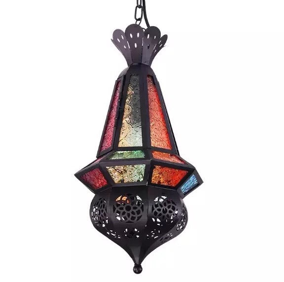 Vintage Moroccan Skeleton Stained Glass Iron Cage 1-Light Pendant Light