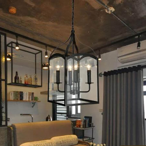 Lámpara de araña contemporánea industrial de 4 luces con jaula cuadrada de hierro y vidrio para salón 
