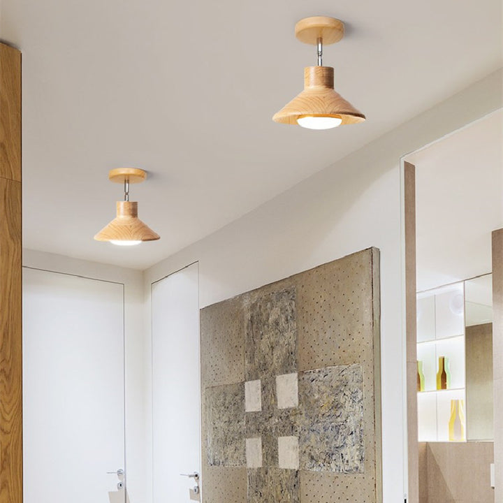 Moderne halbflache 1-flammige Deckenleuchte aus Kautschukholz im nordischen Stil in Baumstamm-Kegelform für das Wohnzimmer 