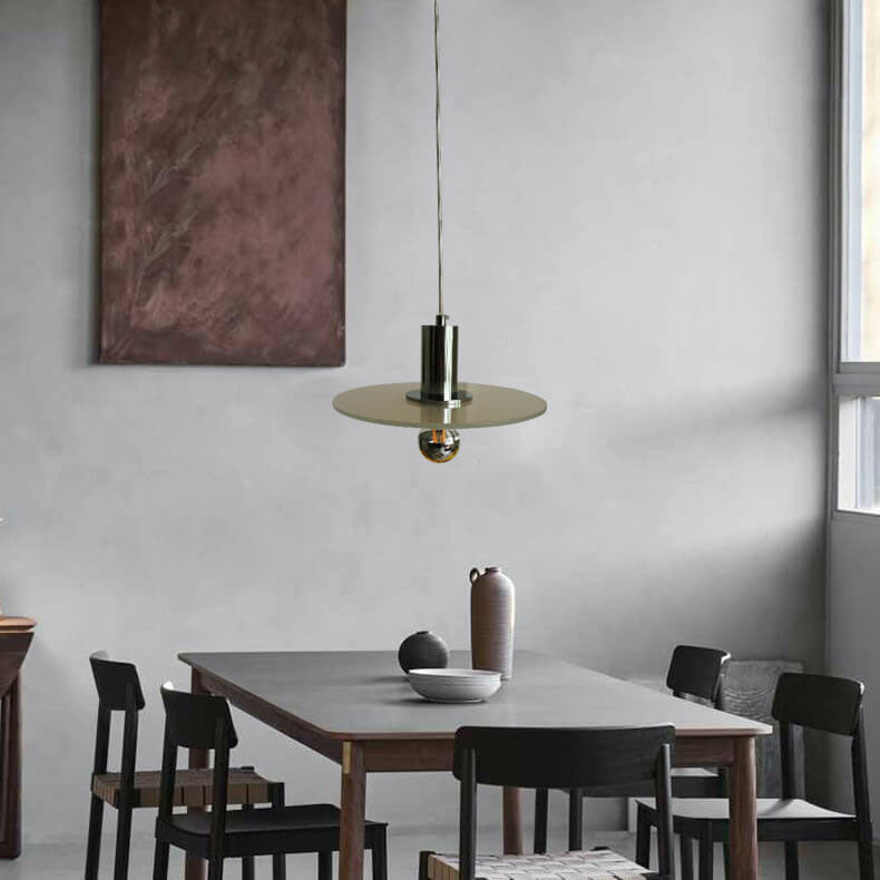 Nordic Minimalist Green Glass Flat Round Disc LED Pendant Light
