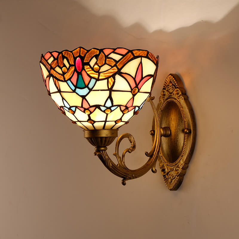 Vintage Tiffany Baroque Stained Glass Round 1-Light Wall Sconce Lamp