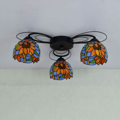 European Rustic Tiffany Iron Glass 3-Light Flush Mount Light